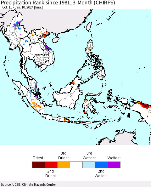 South East Asia Precipitation Rank since 1981, 3-Month (CHIRPS) Thematic Map For 10/11/2023 - 1/10/2024