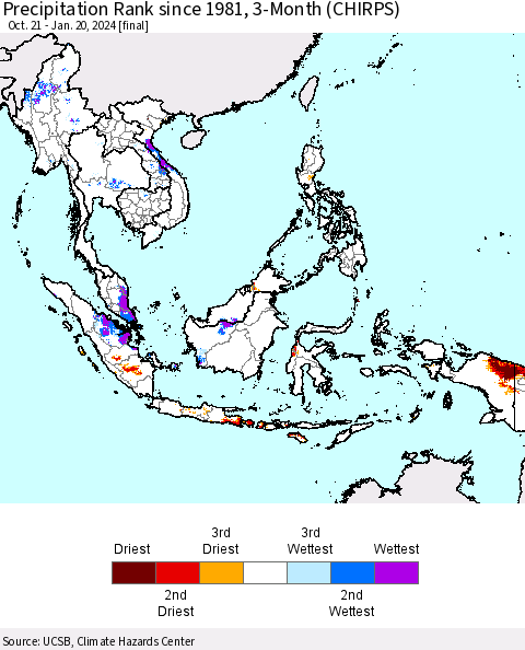 South East Asia Precipitation Rank since 1981, 3-Month (CHIRPS) Thematic Map For 10/21/2023 - 1/20/2024