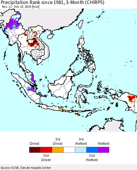 South East Asia Precipitation Rank since 1981, 3-Month (CHIRPS) Thematic Map For 11/11/2023 - 2/10/2024