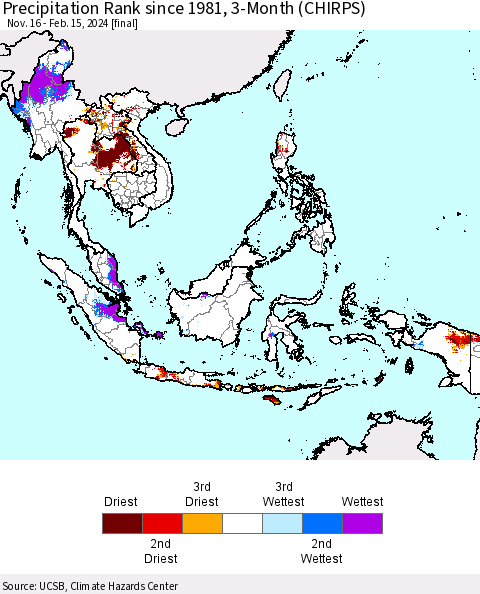 South East Asia Precipitation Rank since 1981, 3-Month (CHIRPS) Thematic Map For 11/16/2023 - 2/15/2024