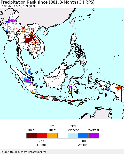 South East Asia Precipitation Rank since 1981, 3-Month (CHIRPS) Thematic Map For 11/26/2023 - 2/25/2024