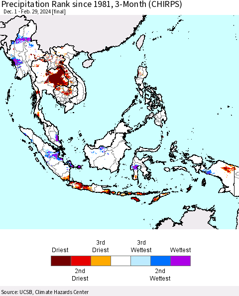 South East Asia Precipitation Rank since 1981, 3-Month (CHIRPS) Thematic Map For 12/1/2023 - 2/29/2024