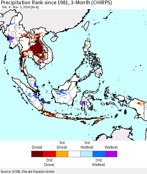 South East Asia Precipitation Rank since 1981, 3-Month (CHIRPS) Thematic Map For 12/6/2023 - 3/5/2024