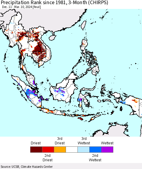 South East Asia Precipitation Rank since 1981, 3-Month (CHIRPS) Thematic Map For 12/11/2023 - 3/10/2024