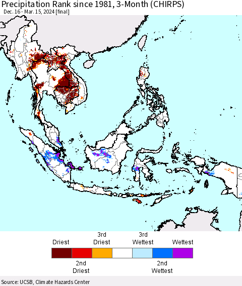 South East Asia Precipitation Rank since 1981, 3-Month (CHIRPS) Thematic Map For 12/16/2023 - 3/15/2024