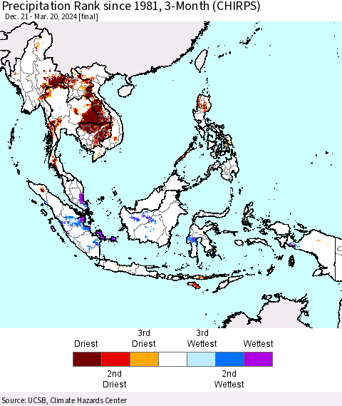 South East Asia Precipitation Rank since 1981, 3-Month (CHIRPS) Thematic Map For 12/21/2023 - 3/20/2024