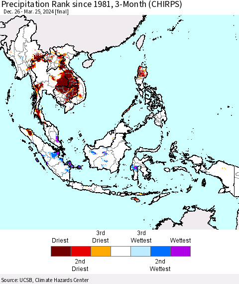 South East Asia Precipitation Rank since 1981, 3-Month (CHIRPS) Thematic Map For 12/26/2023 - 3/25/2024