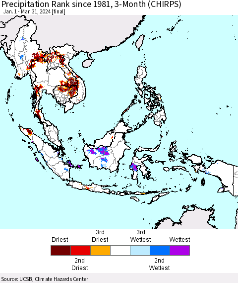 South East Asia Precipitation Rank since 1981, 3-Month (CHIRPS) Thematic Map For 1/1/2024 - 3/31/2024