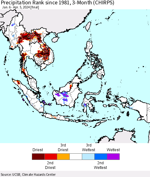 South East Asia Precipitation Rank since 1981, 3-Month (CHIRPS) Thematic Map For 1/6/2024 - 4/5/2024