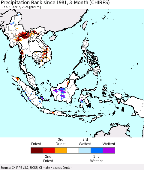 South East Asia Precipitation Rank since 1981, 3-Month (CHIRPS) Thematic Map For 1/6/2024 - 4/5/2024