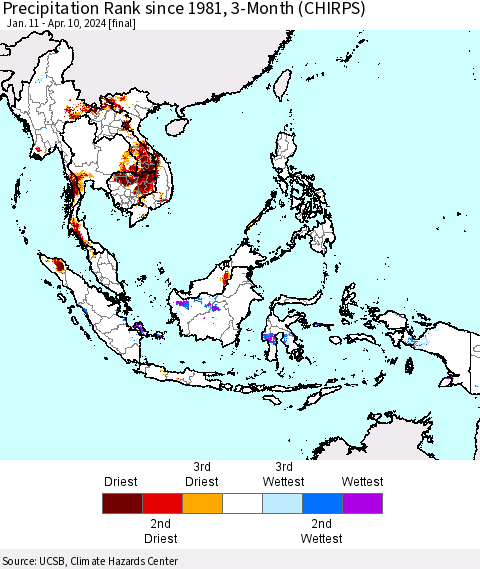 South East Asia Precipitation Rank since 1981, 3-Month (CHIRPS) Thematic Map For 1/11/2024 - 4/10/2024