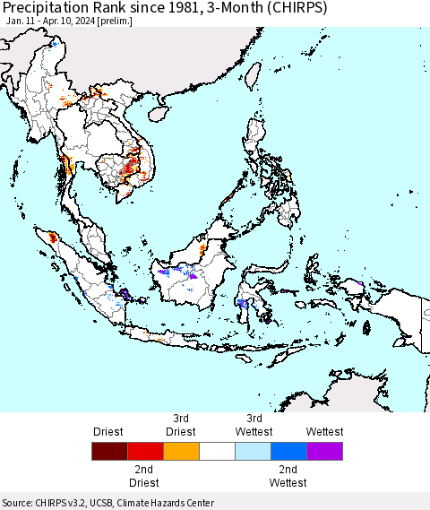South East Asia Precipitation Rank since 1981, 3-Month (CHIRPS) Thematic Map For 1/11/2024 - 4/10/2024