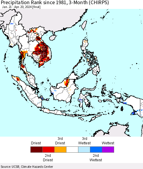 South East Asia Precipitation Rank since 1981, 3-Month (CHIRPS) Thematic Map For 1/21/2024 - 4/20/2024