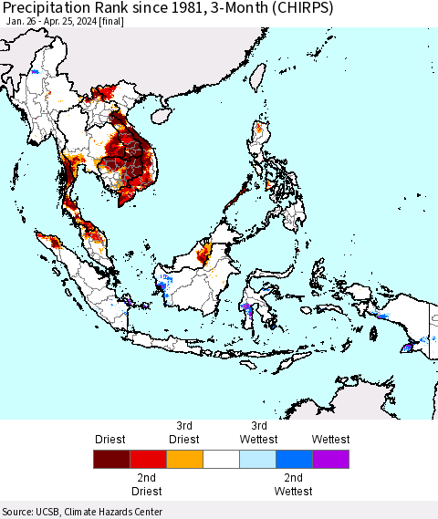 South East Asia Precipitation Rank since 1981, 3-Month (CHIRPS) Thematic Map For 1/26/2024 - 4/25/2024