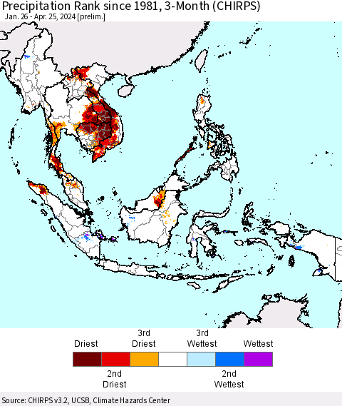 South East Asia Precipitation Rank since 1981, 3-Month (CHIRPS) Thematic Map For 1/26/2024 - 4/25/2024