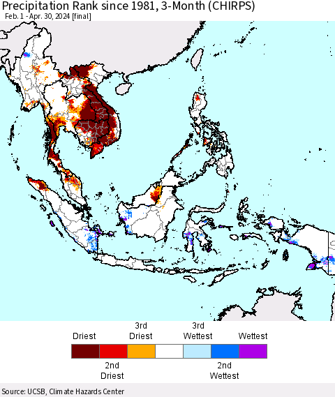 South East Asia Precipitation Rank since 1981, 3-Month (CHIRPS) Thematic Map For 2/1/2024 - 4/30/2024