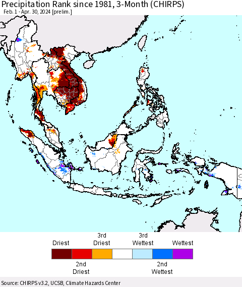 South East Asia Precipitation Rank since 1981, 3-Month (CHIRPS) Thematic Map For 2/1/2024 - 4/30/2024