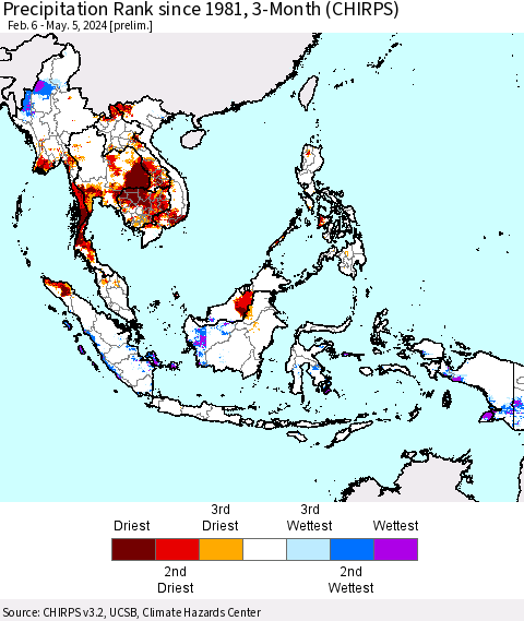 South East Asia Precipitation Rank since 1981, 3-Month (CHIRPS) Thematic Map For 2/6/2024 - 5/5/2024