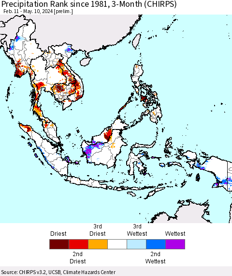 South East Asia Precipitation Rank since 1981, 3-Month (CHIRPS) Thematic Map For 2/11/2024 - 5/10/2024