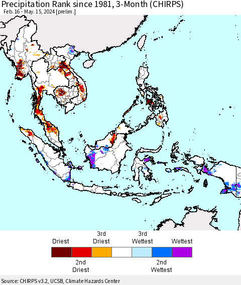 South East Asia Precipitation Rank since 1981, 3-Month (CHIRPS) Thematic Map For 2/16/2024 - 5/15/2024