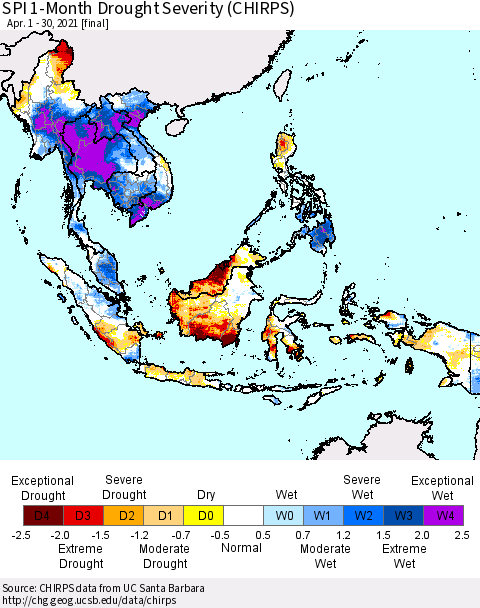 South East Asia SPI 1-Month Drought Severity (CHIRPS) Thematic Map For 4/1/2021 - 4/30/2021