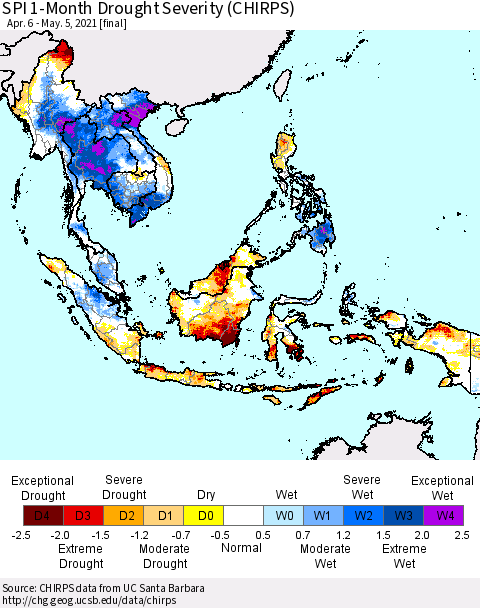 South East Asia SPI 1-Month Drought Severity (CHIRPS) Thematic Map For 4/6/2021 - 5/5/2021