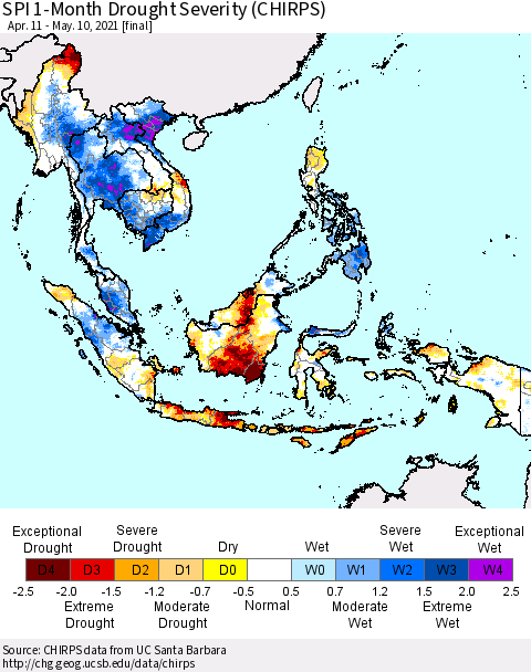 South East Asia SPI 1-Month Drought Severity (CHIRPS) Thematic Map For 4/11/2021 - 5/10/2021