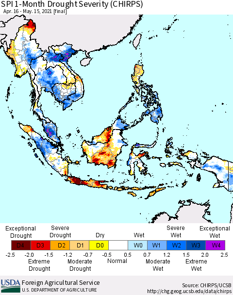 South East Asia SPI 1-Month Drought Severity (CHIRPS) Thematic Map For 4/16/2021 - 5/15/2021