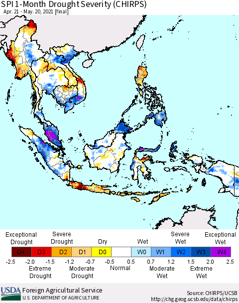 South East Asia SPI 1-Month Drought Severity (CHIRPS) Thematic Map For 4/21/2021 - 5/20/2021