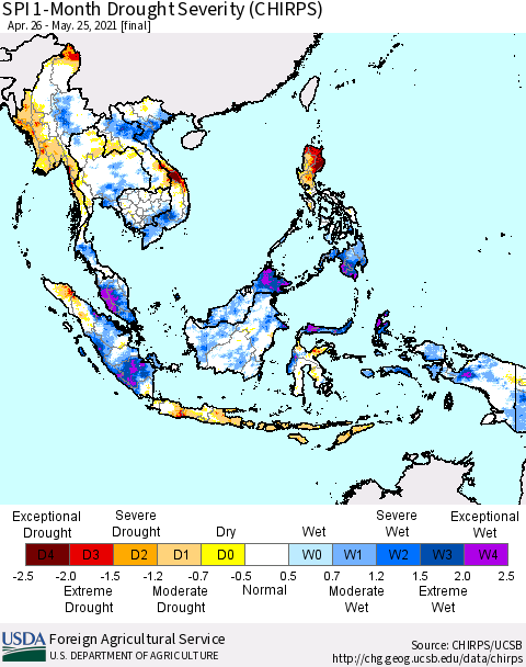 South East Asia SPI 1-Month Drought Severity (CHIRPS) Thematic Map For 4/26/2021 - 5/25/2021