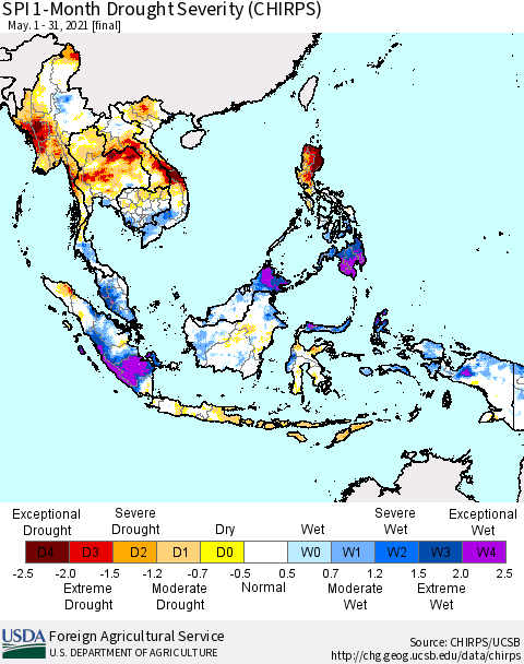South East Asia SPI 1-Month Drought Severity (CHIRPS) Thematic Map For 5/1/2021 - 5/31/2021