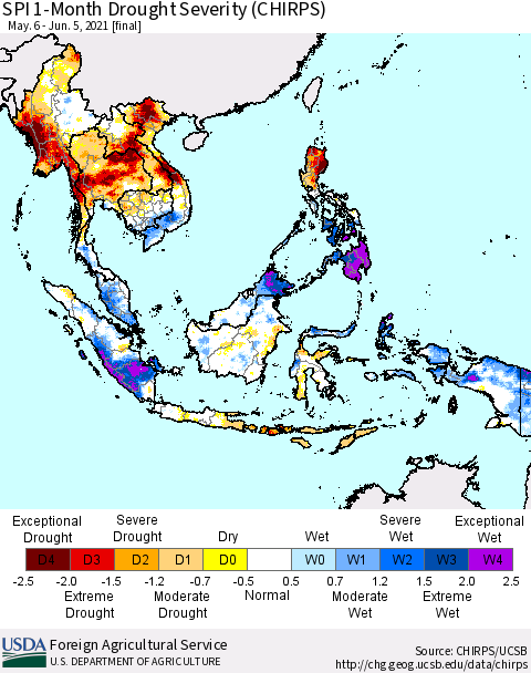 South East Asia SPI 1-Month Drought Severity (CHIRPS) Thematic Map For 5/6/2021 - 6/5/2021