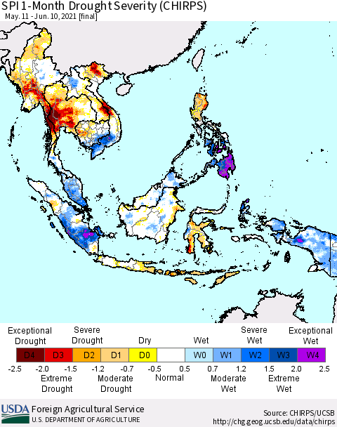 South East Asia SPI 1-Month Drought Severity (CHIRPS) Thematic Map For 5/11/2021 - 6/10/2021