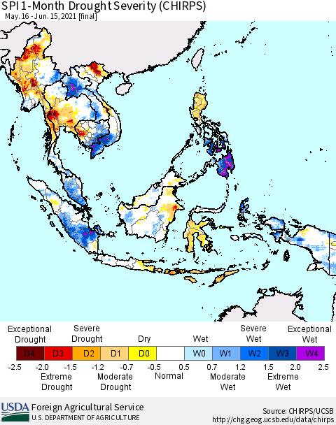South East Asia SPI 1-Month Drought Severity (CHIRPS) Thematic Map For 5/16/2021 - 6/15/2021