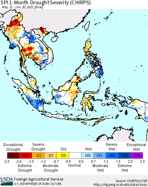 South East Asia SPI 1-Month Drought Severity (CHIRPS) Thematic Map For 5/21/2021 - 6/20/2021