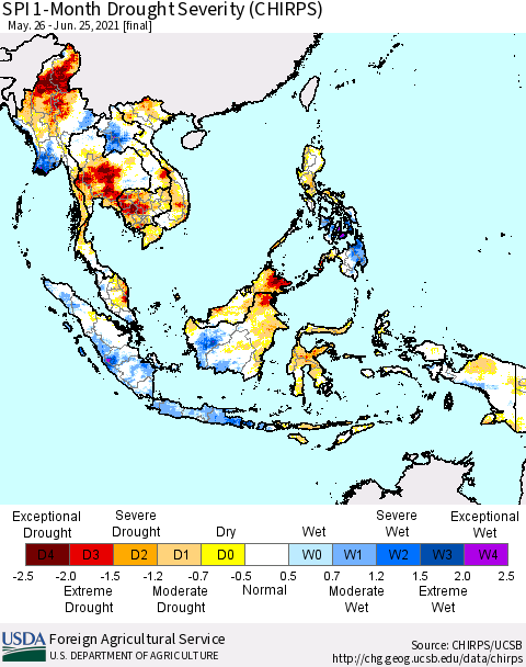 South East Asia SPI 1-Month Drought Severity (CHIRPS) Thematic Map For 5/26/2021 - 6/25/2021