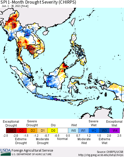 South East Asia SPI 1-Month Drought Severity (CHIRPS) Thematic Map For 6/1/2021 - 6/30/2021