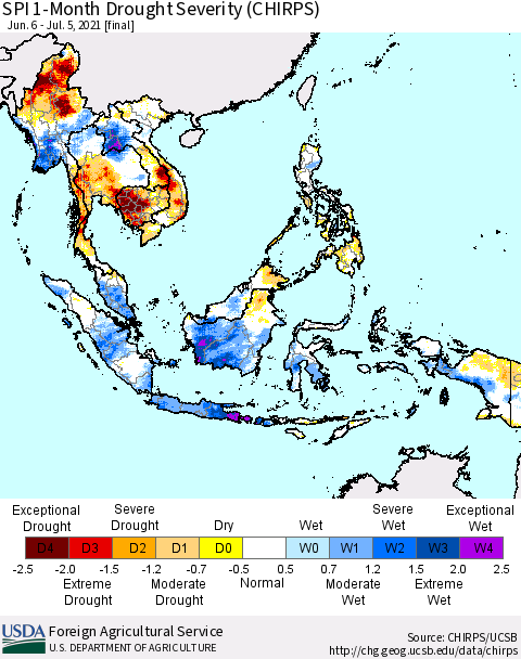 South East Asia SPI 1-Month Drought Severity (CHIRPS) Thematic Map For 6/6/2021 - 7/5/2021