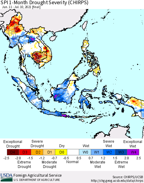 South East Asia SPI 1-Month Drought Severity (CHIRPS) Thematic Map For 6/11/2021 - 7/10/2021