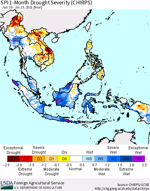 South East Asia SPI 1-Month Drought Severity (CHIRPS) Thematic Map For 6/16/2021 - 7/15/2021