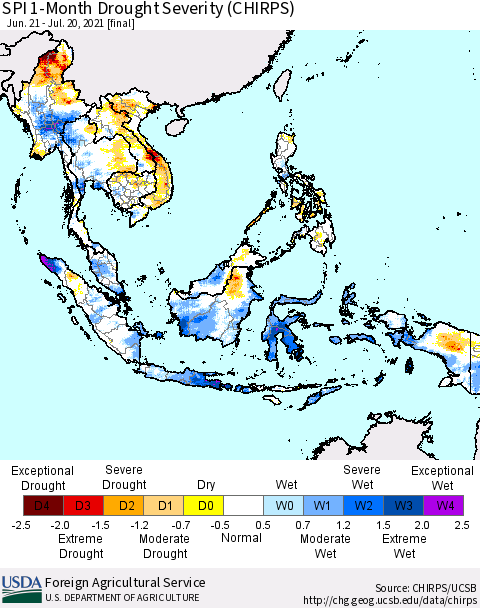 South East Asia SPI 1-Month Drought Severity (CHIRPS) Thematic Map For 6/21/2021 - 7/20/2021