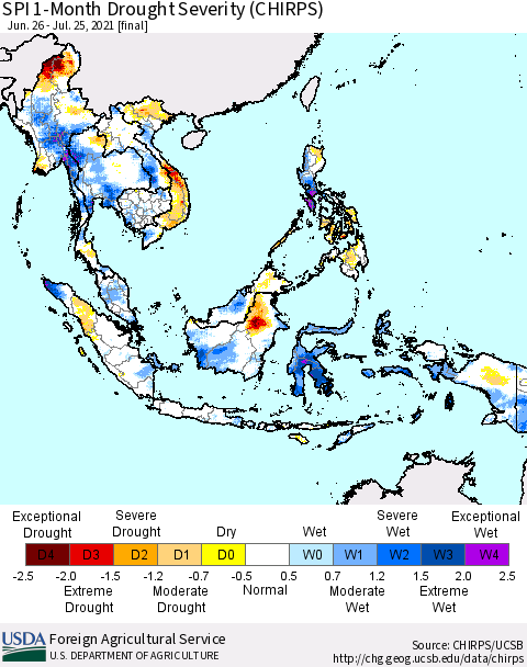 South East Asia SPI 1-Month Drought Severity (CHIRPS) Thematic Map For 6/26/2021 - 7/25/2021