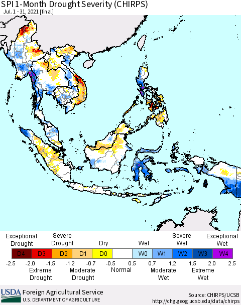 South East Asia SPI 1-Month Drought Severity (CHIRPS) Thematic Map For 7/1/2021 - 7/31/2021