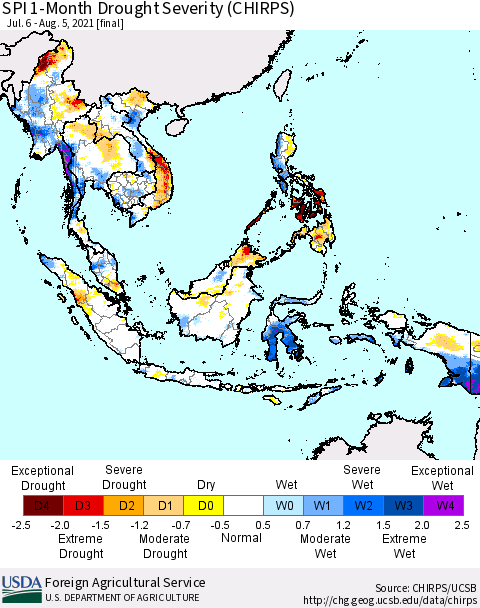 South East Asia SPI 1-Month Drought Severity (CHIRPS) Thematic Map For 7/6/2021 - 8/5/2021
