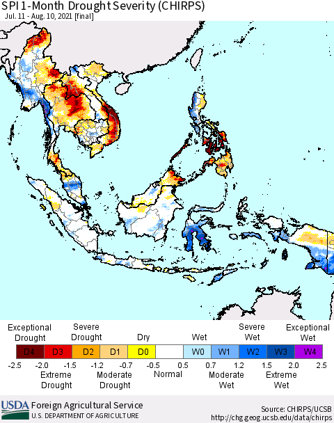 South East Asia SPI 1-Month Drought Severity (CHIRPS) Thematic Map For 7/11/2021 - 8/10/2021