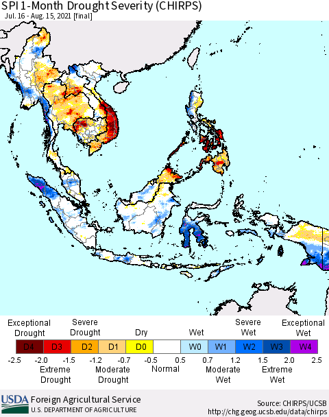 South East Asia SPI 1-Month Drought Severity (CHIRPS) Thematic Map For 7/16/2021 - 8/15/2021