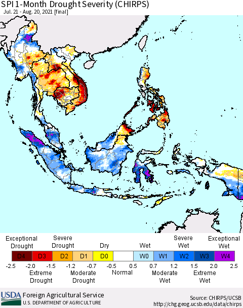 South East Asia SPI 1-Month Drought Severity (CHIRPS) Thematic Map For 7/21/2021 - 8/20/2021