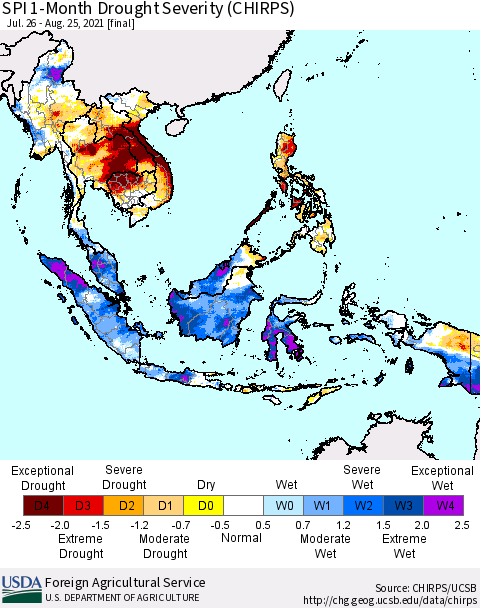 South East Asia SPI 1-Month Drought Severity (CHIRPS) Thematic Map For 7/26/2021 - 8/25/2021