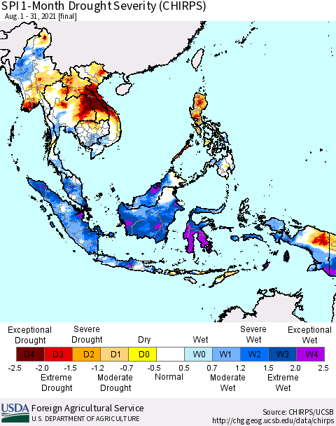 South East Asia SPI 1-Month Drought Severity (CHIRPS) Thematic Map For 8/1/2021 - 8/31/2021