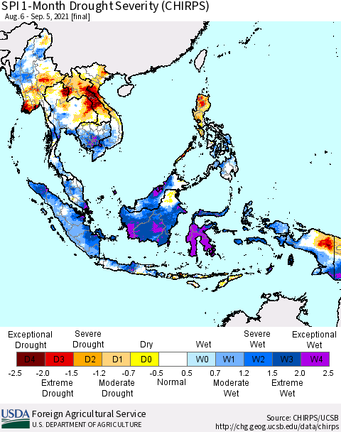 South East Asia SPI 1-Month Drought Severity (CHIRPS) Thematic Map For 8/6/2021 - 9/5/2021